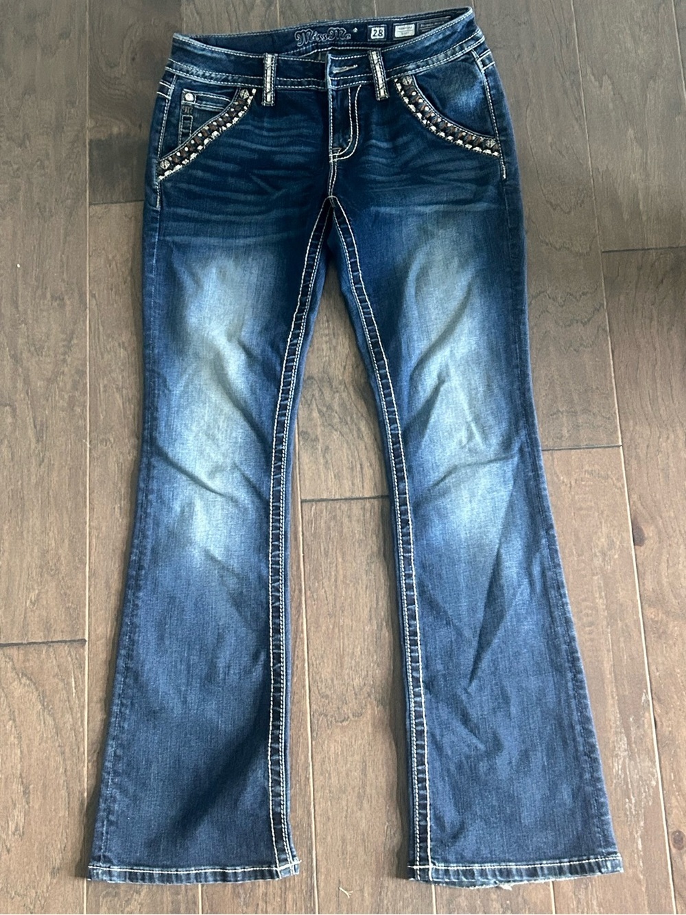 Miss Me Women’s Dark Wash Bootcut Jeans with Studded Pockets Size 28